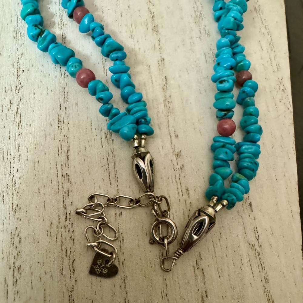 Q.T Sterling Silver 925 turquoise doubler row necklace with concho pendant. - Picture 6 of 6